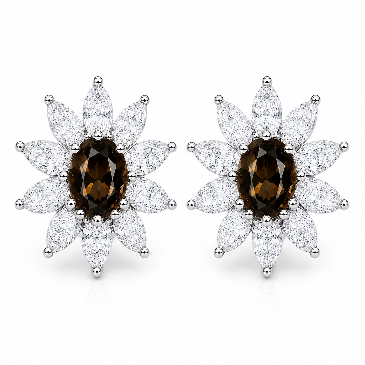 Natural 4x6mm smoky quartz floral halo stud earrings with marquise cubic zirconia in 925 sterling silver