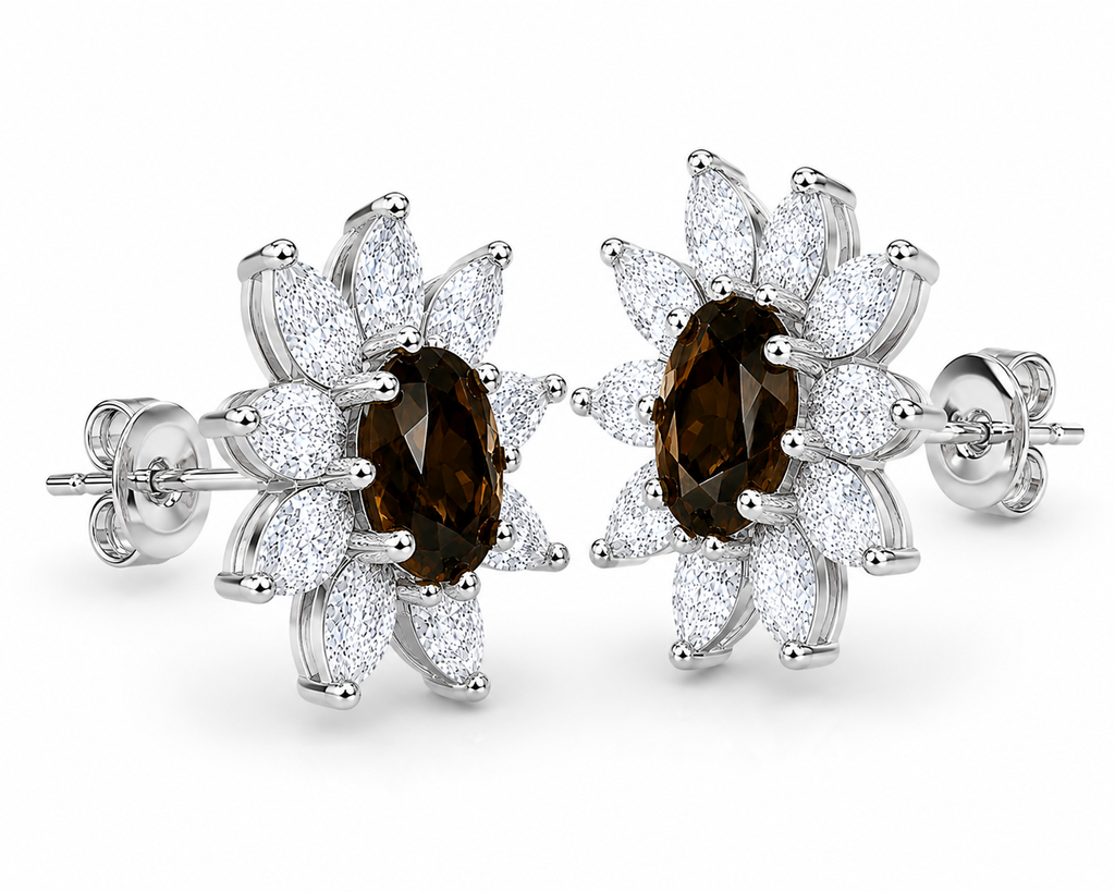 45-degree view of natural smoky quartz flower stud earrings with marquise cubic zirconia accents