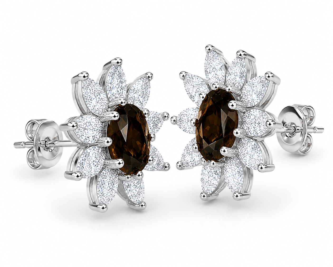 45-degree view of natural smoky quartz flower stud earrings with marquise cubic zirconia accents