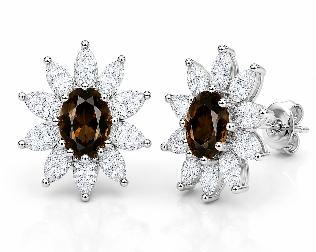 Macro close-up of natural smoky quartz earrings with sparkling marquise-cut cubic zirconia petals