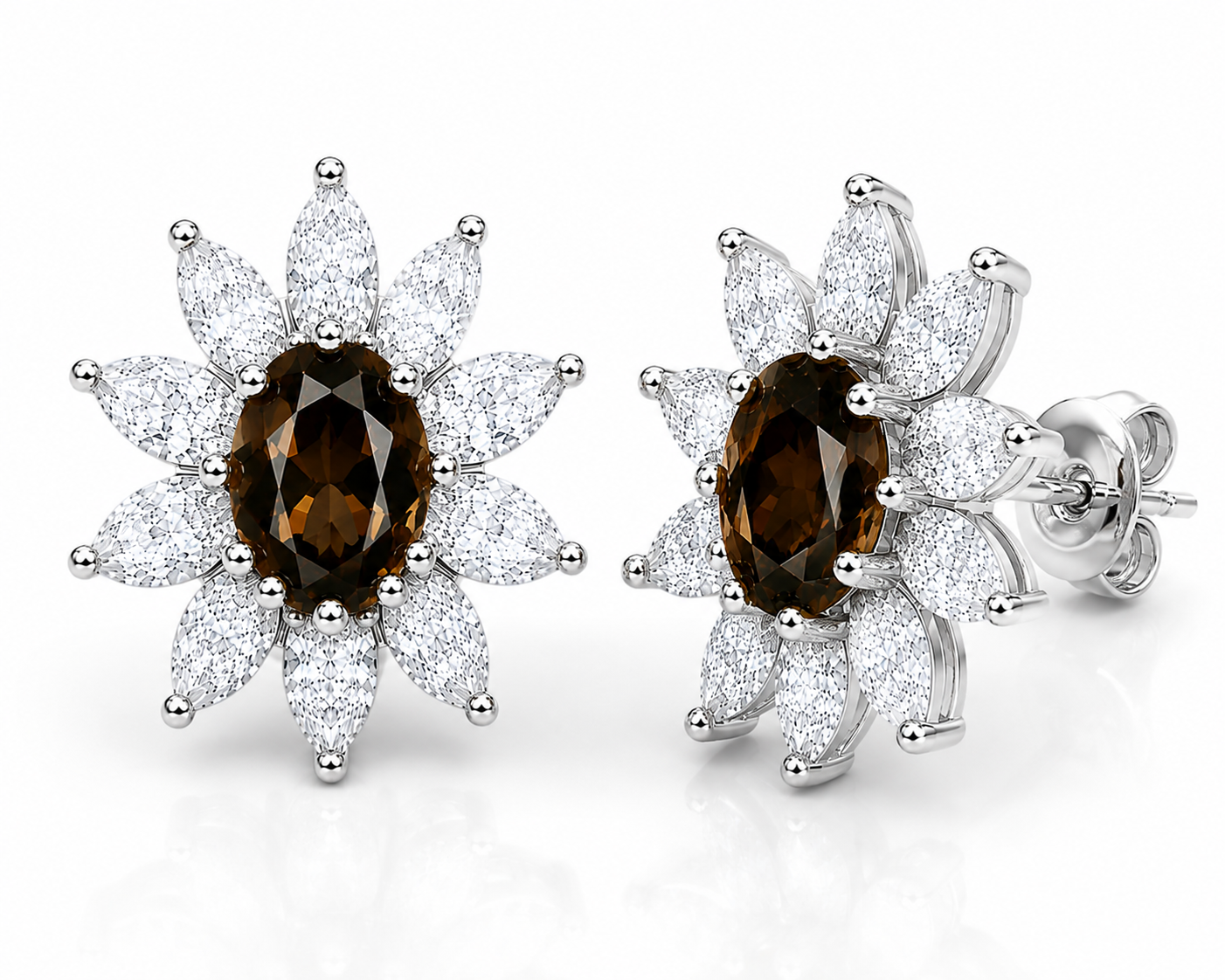 Macro close-up of natural smoky quartz earrings with sparkling marquise-cut cubic zirconia petals