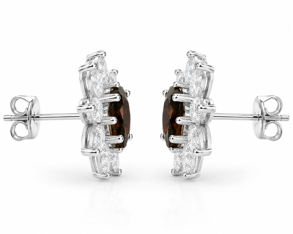 Side profile of smoky quartz floral stud earrings showing posts and basket settings
