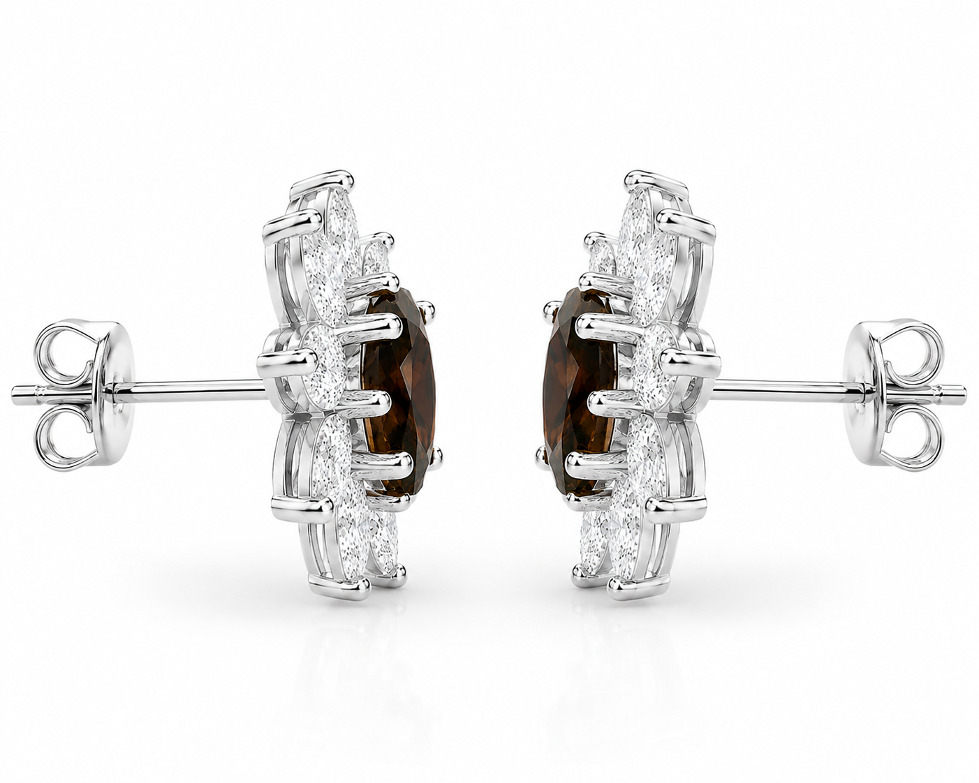Side profile of smoky quartz floral stud earrings showing posts and basket settings