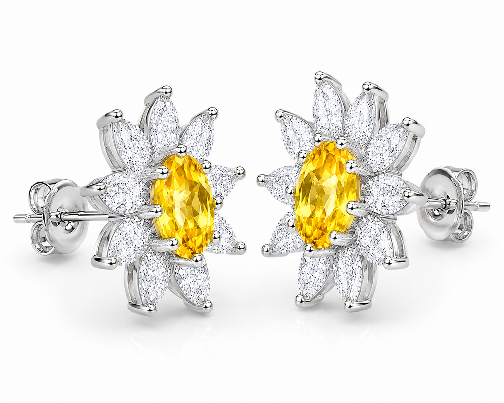 45-degree view of natural citrine flower stud earrings with marquise cubic zirconia accents