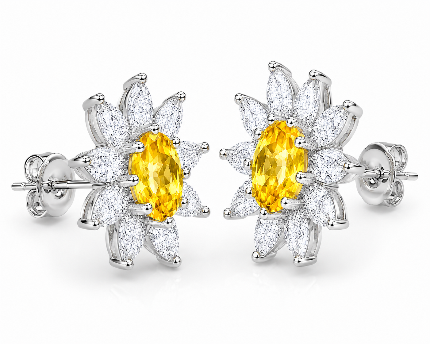 45-degree view of natural citrine flower stud earrings with marquise cubic zirconia accents
