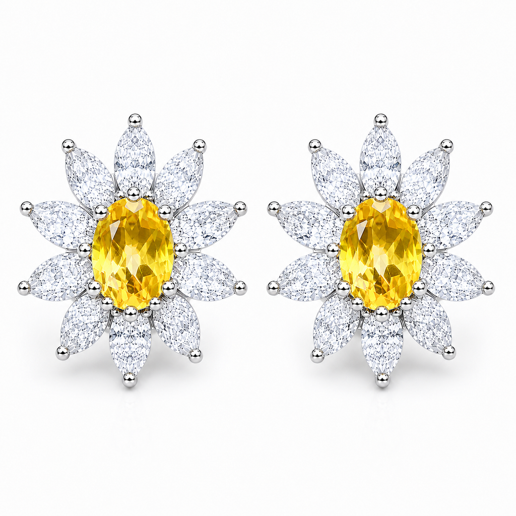 Top-down view of 4x6mm oval citrine floral halo earrings in sterling silver