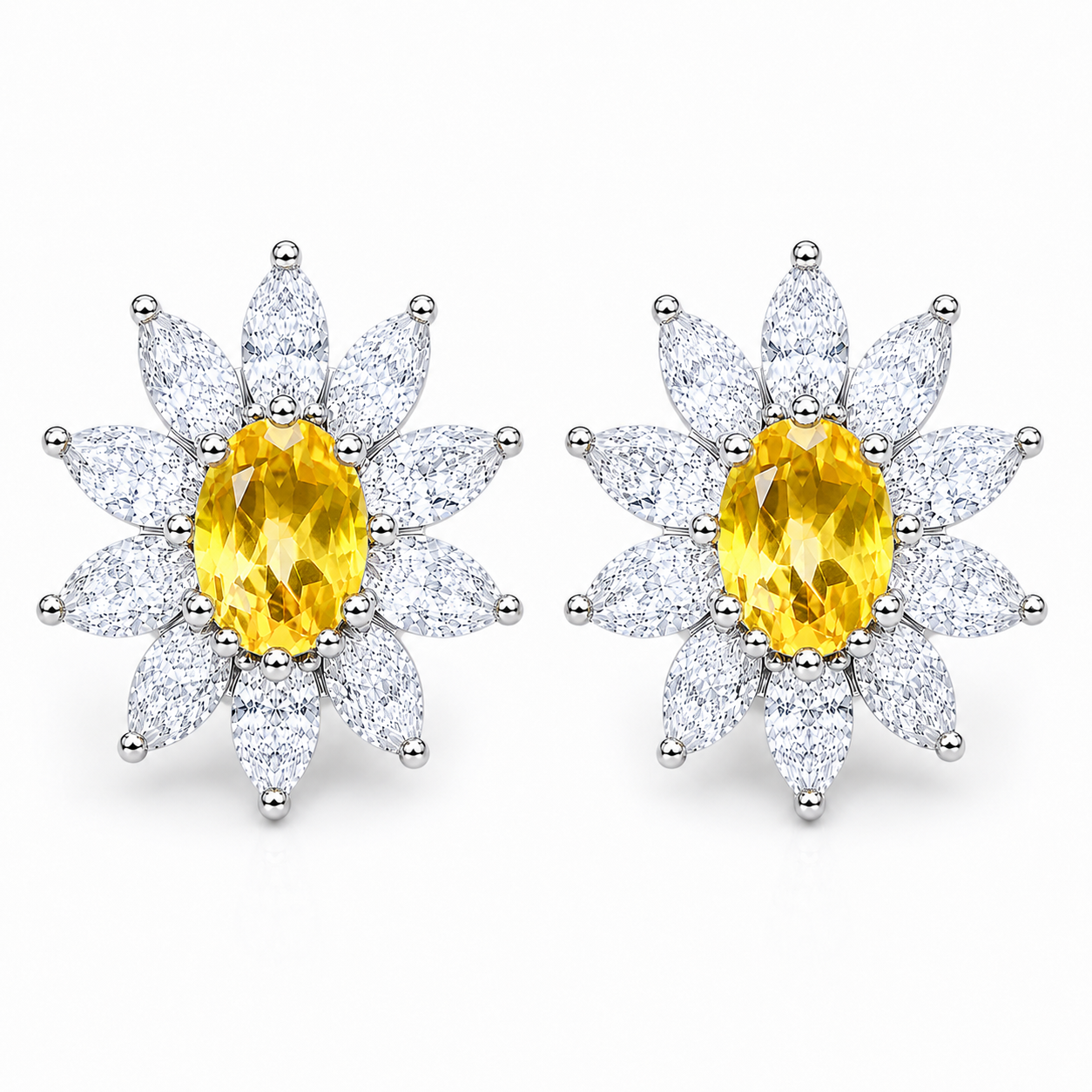 Top-down view of 4x6mm oval citrine floral halo earrings in sterling silver