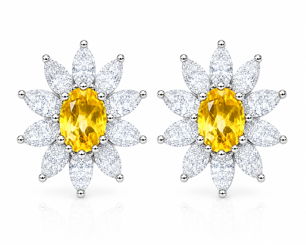 Natural 4x6mm citrine floral halo stud earrings with marquise cubic zirconia in 925 sterling silver