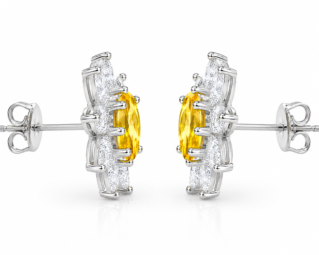 Side profile of citrine floral stud earrings showing posts and layered basket settings