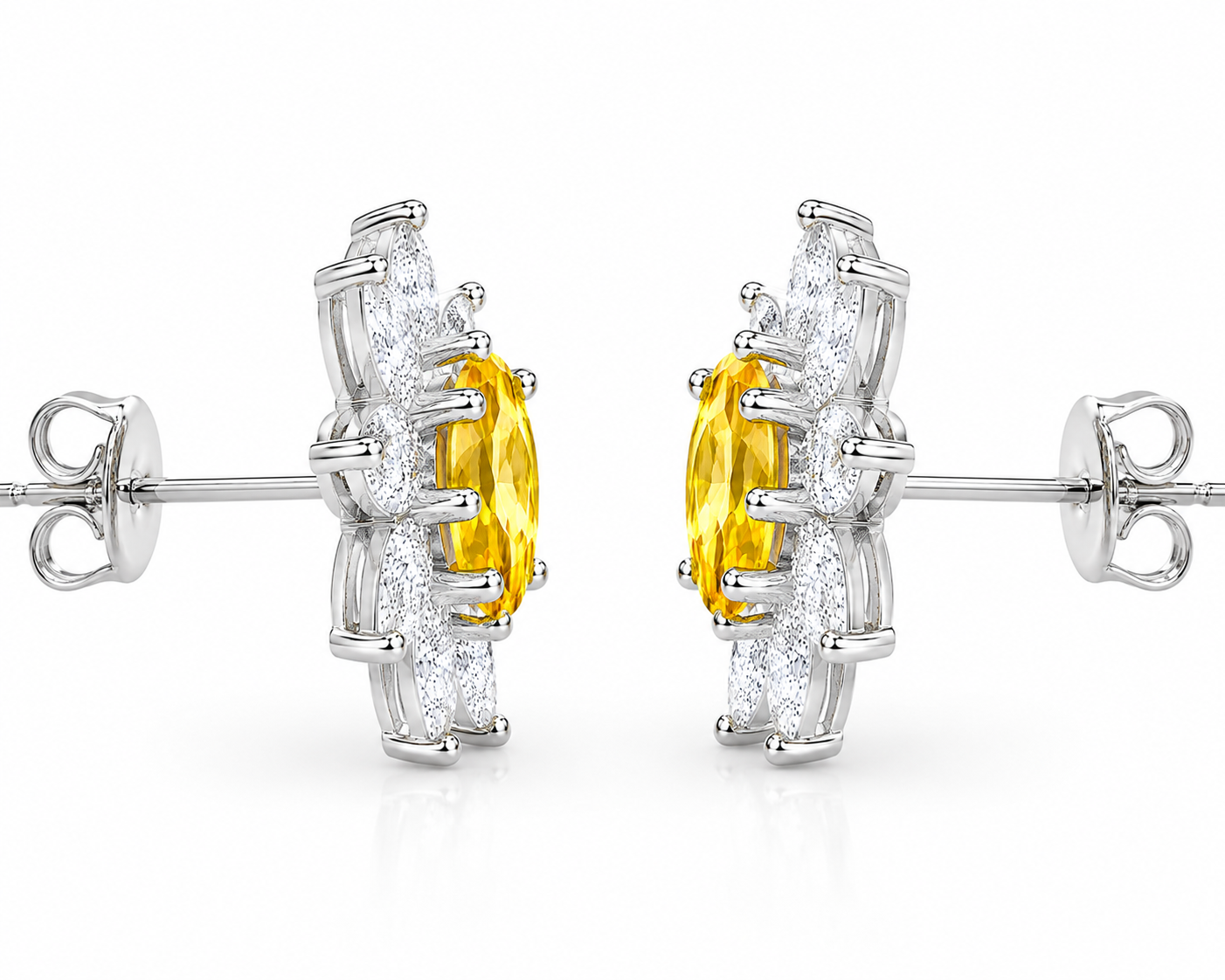 Side profile of citrine floral stud earrings showing posts and layered basket settings
