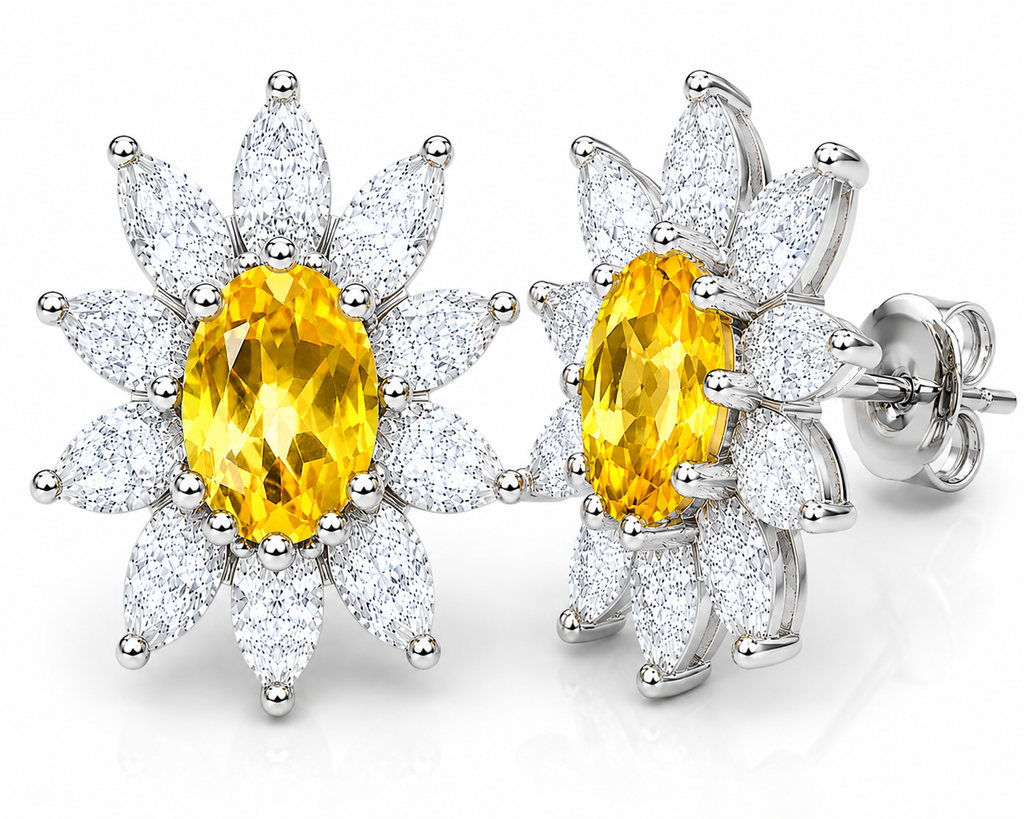 Macro close-up of natural citrine earrings with sparkling marquise-cut cubic zirconia petals