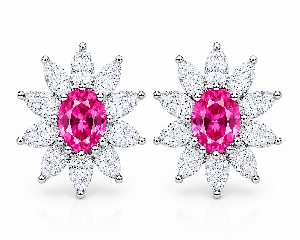 Natural 4x6mm pink topaz floral halo stud earrings in 925 sterling silver with marquise-cut cubic zirconia