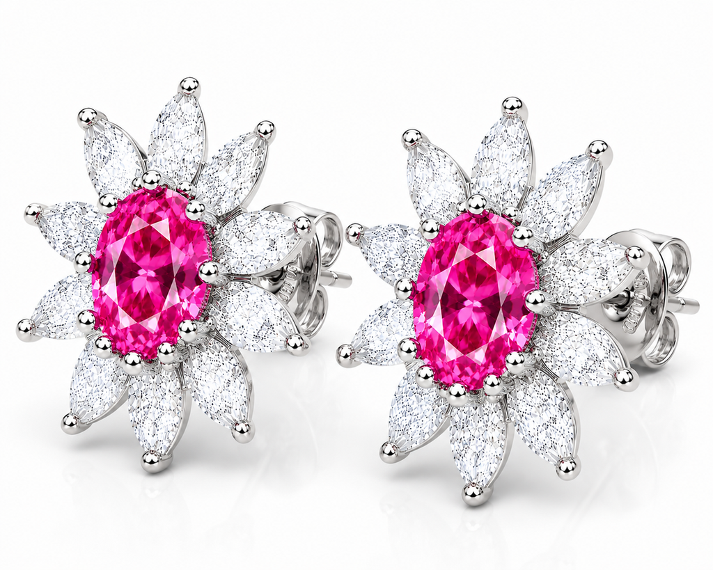 45-degree view of natural pink topaz floral stud earrings with marquise cubic zirconia halo
