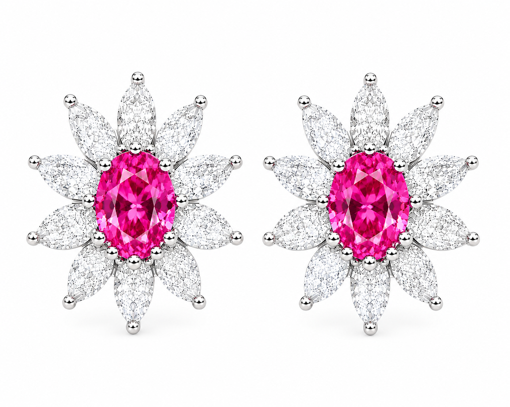 Top-down view of natural pink topaz flower stud earrings in sterling silver