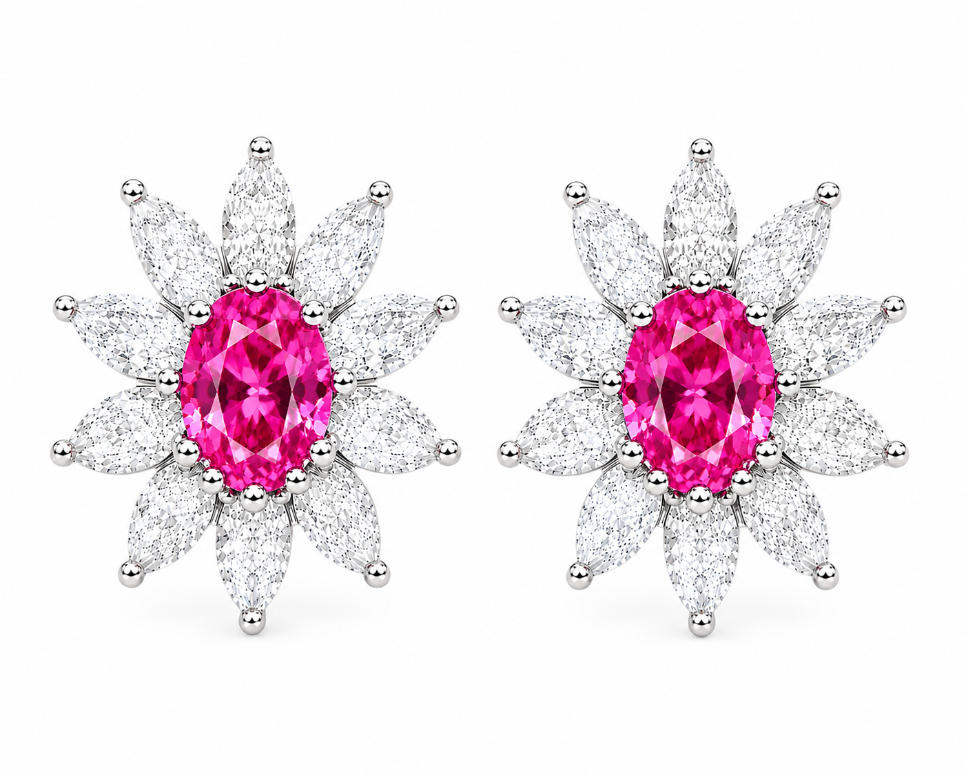 Top-down view of natural pink topaz flower stud earrings in sterling silver