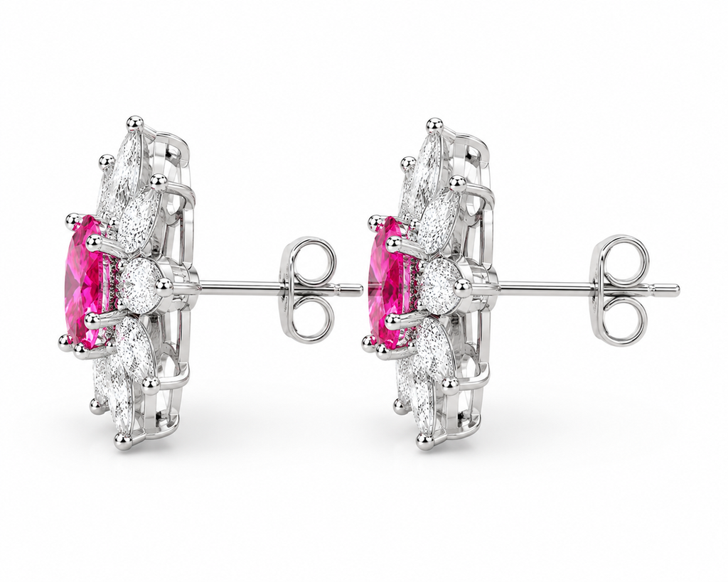 Side profile of pink topaz floral halo earrings showing secure basket setting