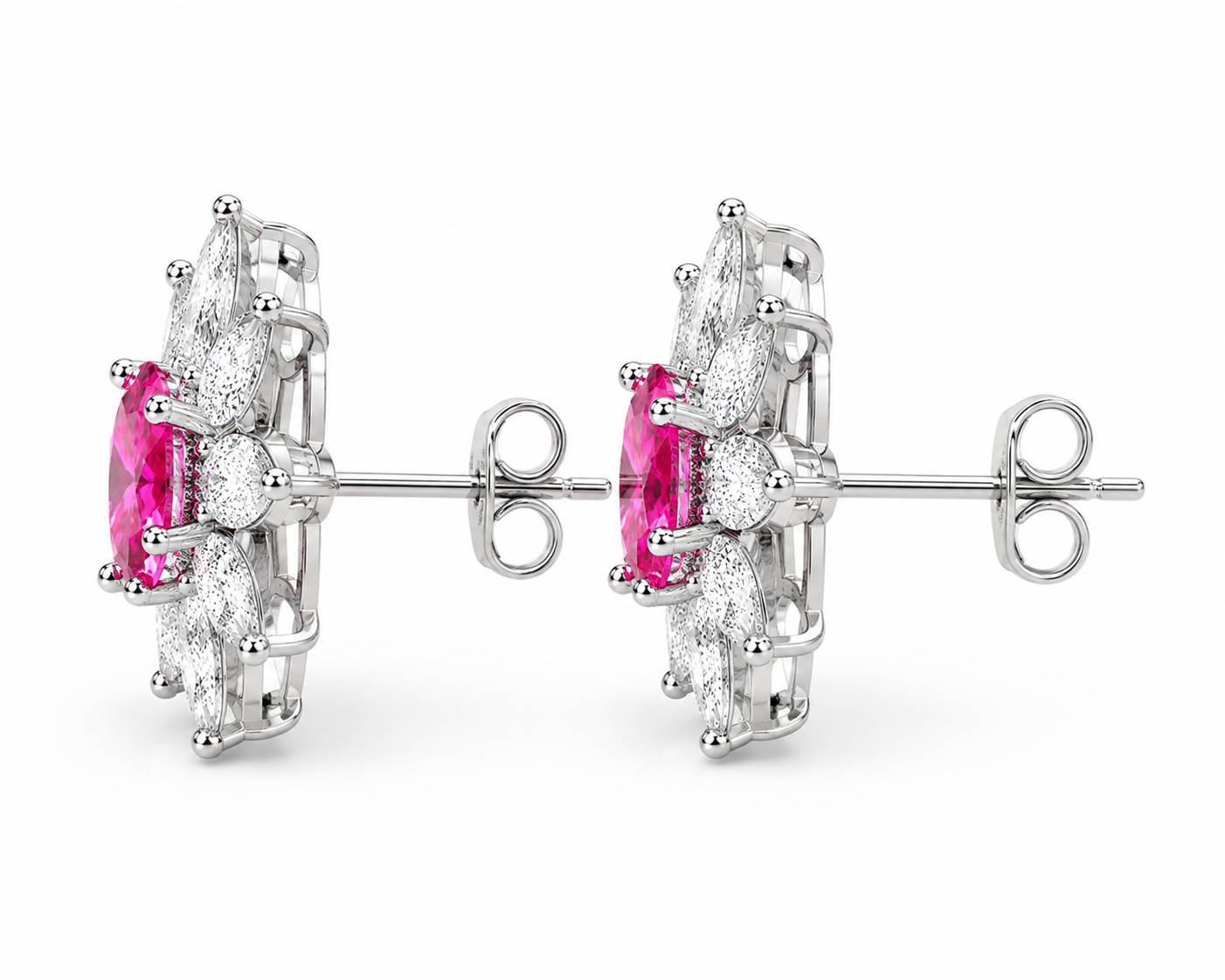 Side profile of pink topaz floral halo earrings showing secure basket setting