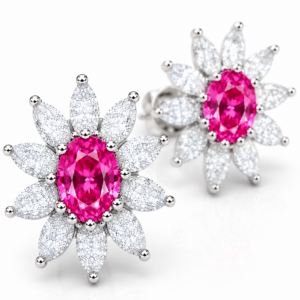 Macro close-up of natural pink topaz earrings featuring brilliant marquise-cut cubic zirconia petals