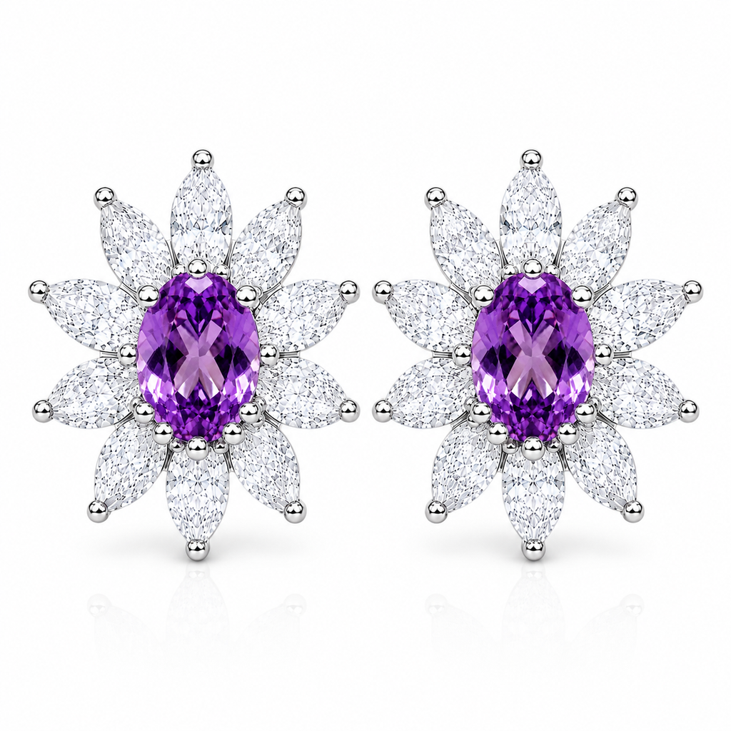 Natural 4x6mm oval amethyst stud earrings in 925 sterling silver with platinum plated finish