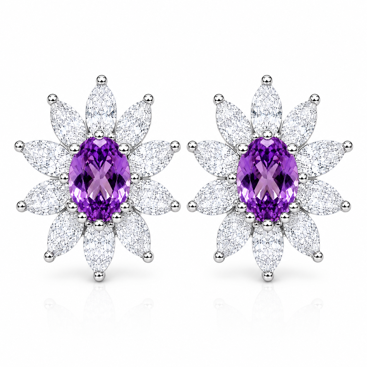 Natural 4x6mm oval amethyst stud earrings in 925 sterling silver with platinum plated finish