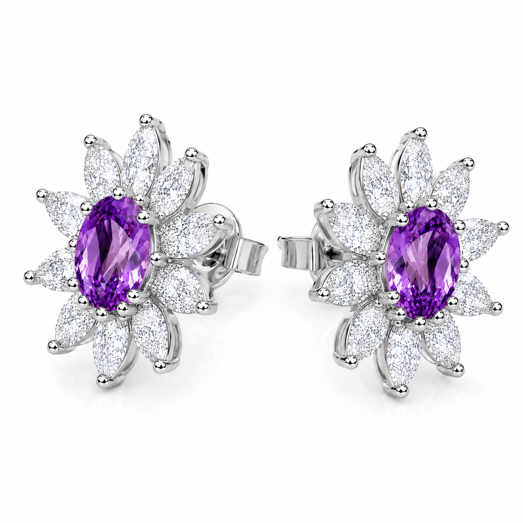45-degree view of natural oval amethyst stud earrings in sterling silver