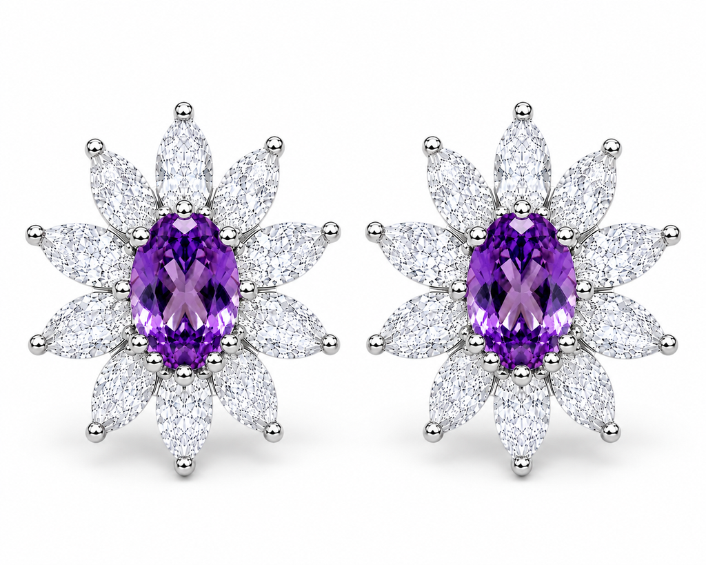 Top-down view of 4x6mm natural amethyst stud earrings