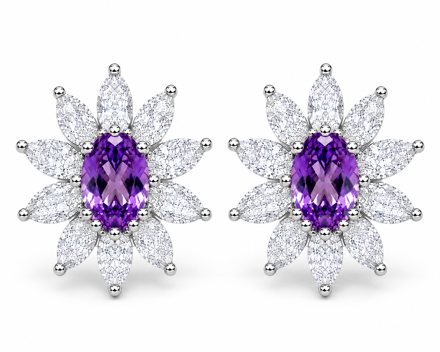Top-down view of 4x6mm natural amethyst stud earrings