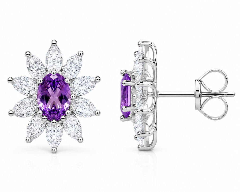 Side profile of natural amethyst stud earrings showing four-prong basket setting