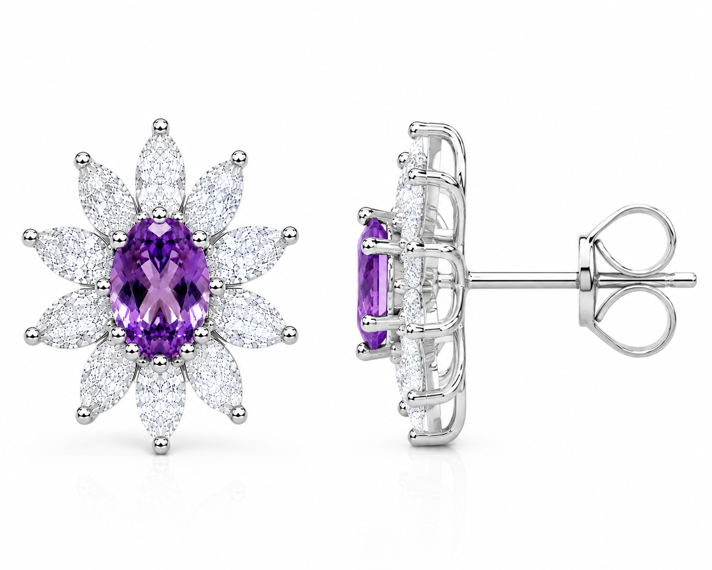 Side profile of natural amethyst stud earrings showing four-prong basket setting