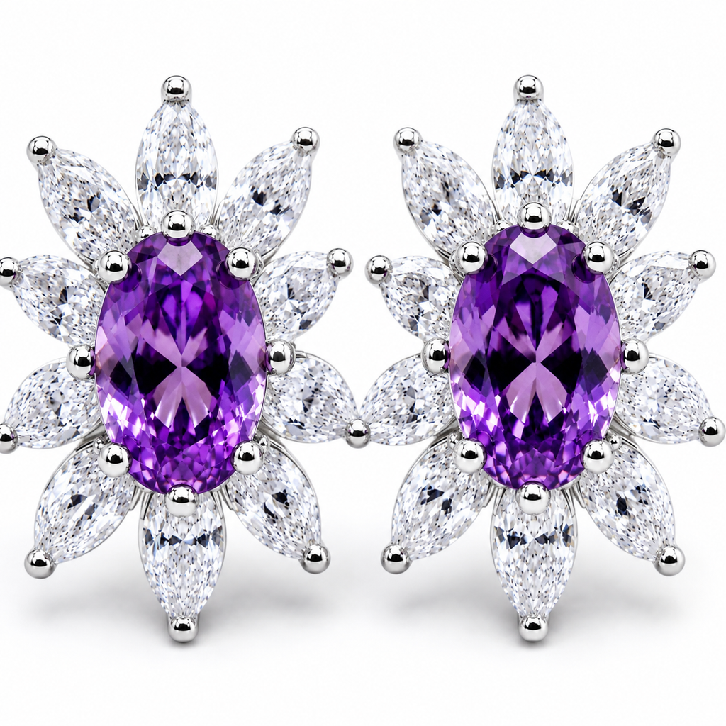 Macro close-up of natural oval amethyst gemstones in sterling silver stud earrings