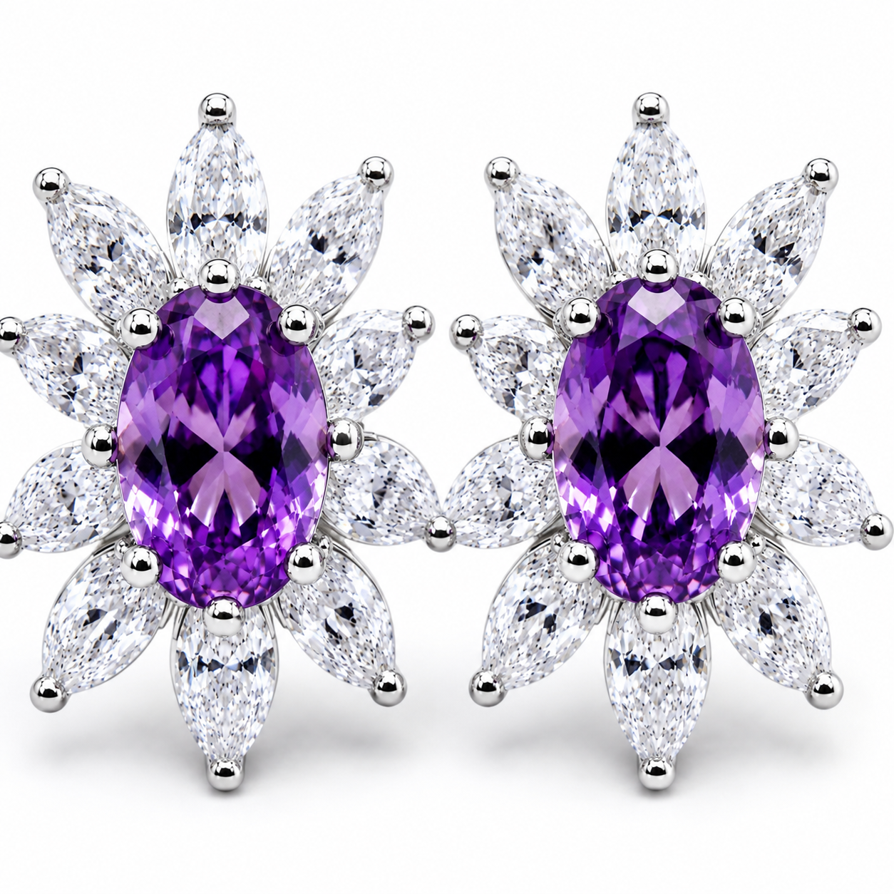 Macro close-up of natural oval amethyst gemstones in sterling silver stud earrings