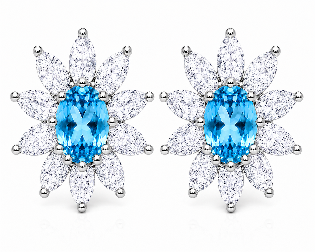 Natural 4x6mm Swiss Blue Topaz floral halo stud earrings in 925 sterling silver with marquise cubic zirconia accents