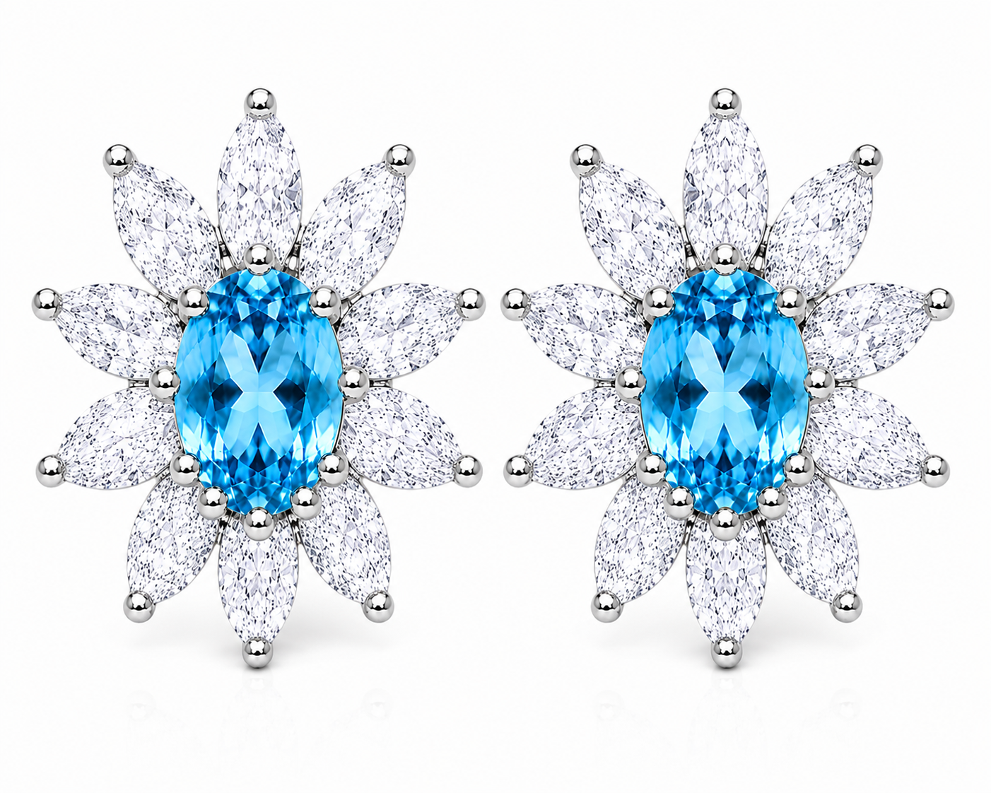 Natural 4x6mm Swiss Blue Topaz floral halo stud earrings in 925 sterling silver with marquise cubic zirconia accents