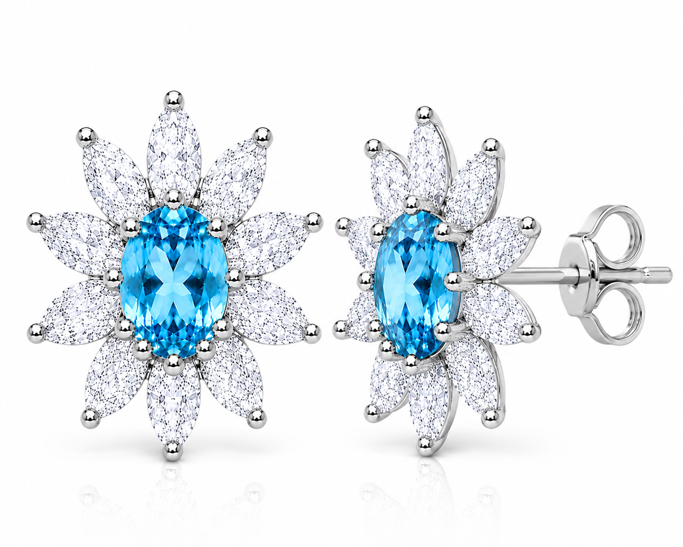 Natural 4x6mm Swiss Blue Topaz floral halo stud earrings in 925 sterling silver with marquise cubic zirconia accents