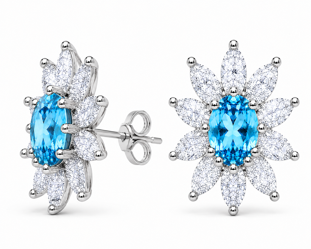 Natural 4x6mm Swiss Blue Topaz floral halo stud earrings in 925 sterling silver with marquise cubic zirconia accents