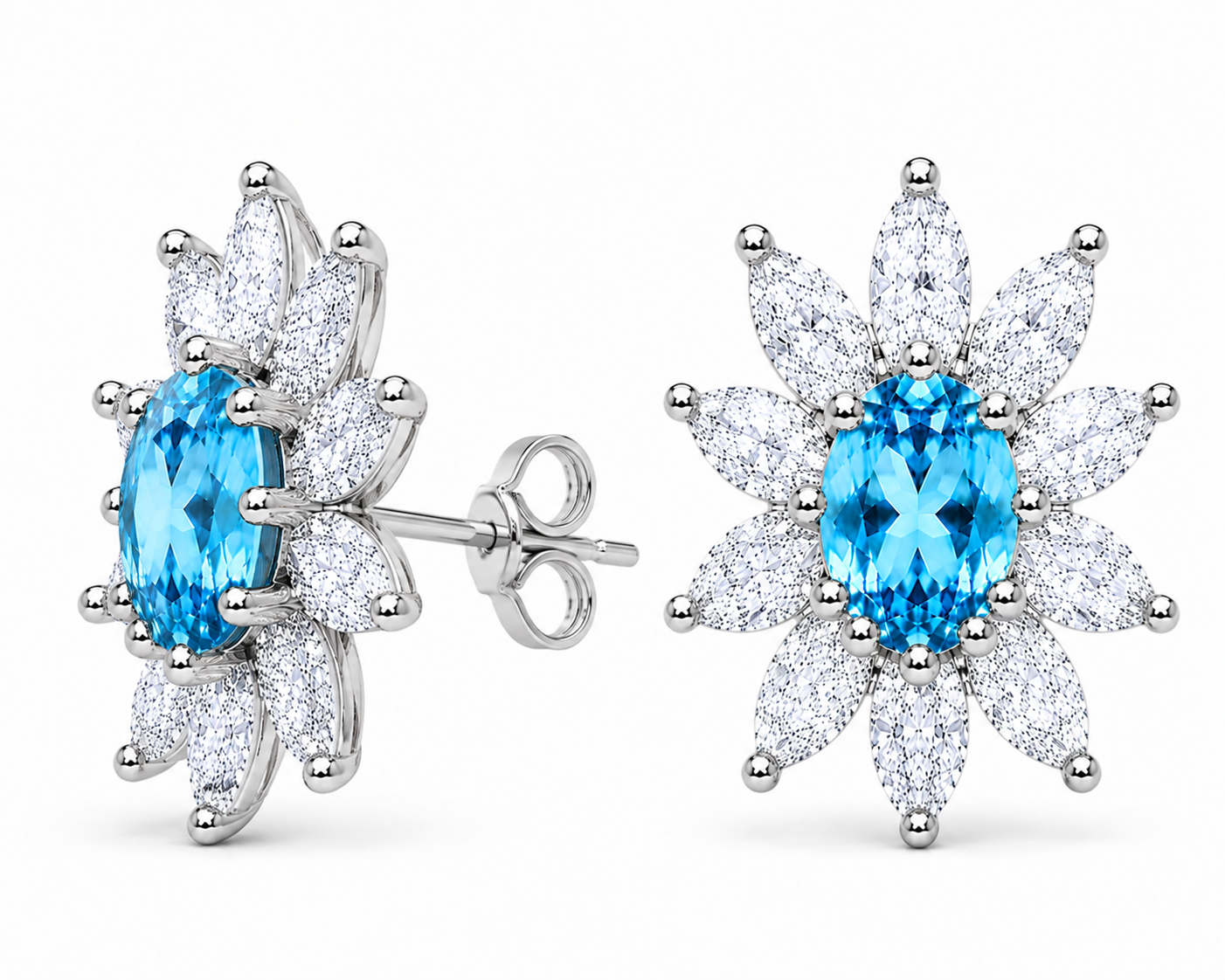 Natural 4x6mm Swiss Blue Topaz floral halo stud earrings in 925 sterling silver with marquise cubic zirconia accents