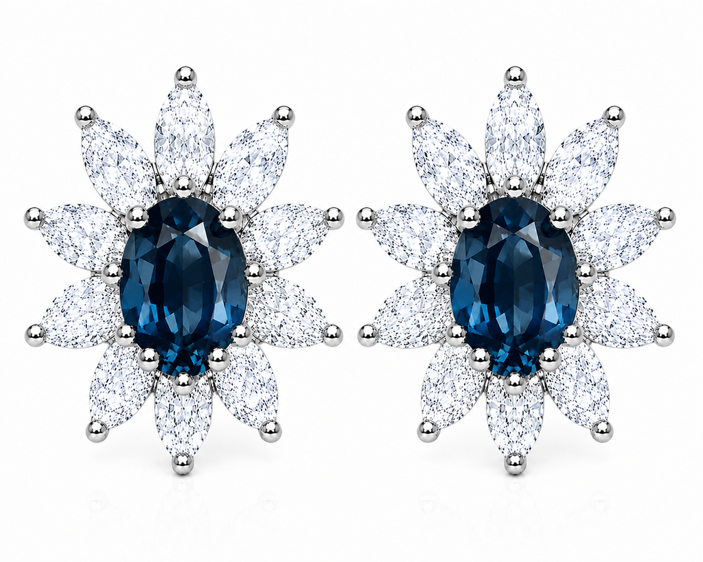 Natural 4x6mm Oval London Blue Topaz Floral Halo Stud Earrings in Platinum Plated 925 Sterling Silver with Marquise Cubic Zirconia