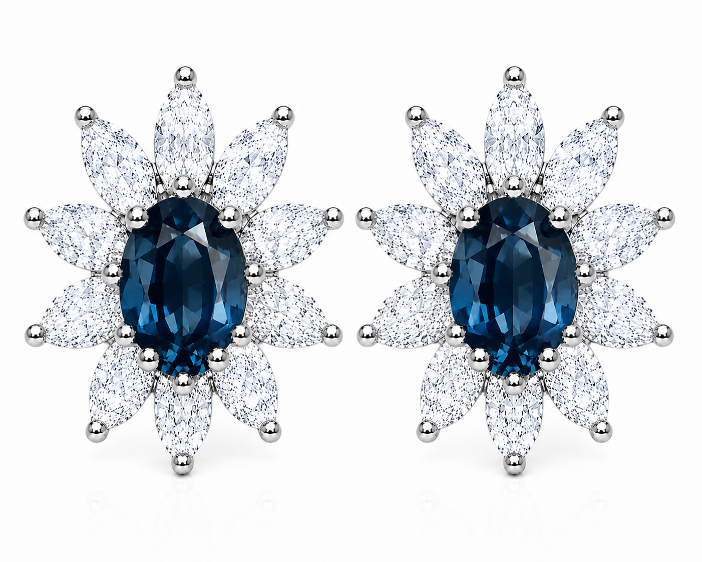 Natural 4x6mm Oval London Blue Topaz Floral Halo Stud Earrings in Platinum Plated 925 Sterling Silver with Marquise Cubic Zirconia