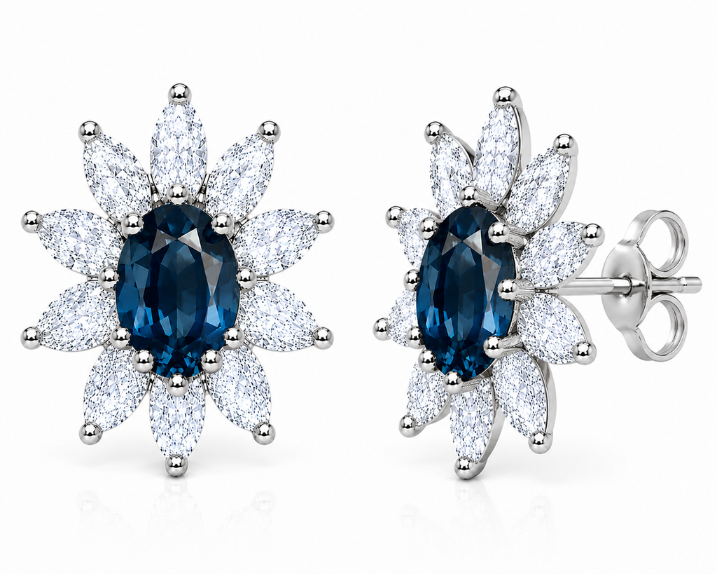 Natural 4x6mm Oval London Blue Topaz Floral Halo Stud Earrings in Platinum Plated 925 Sterling Silver with Marquise Cubic Zirconia