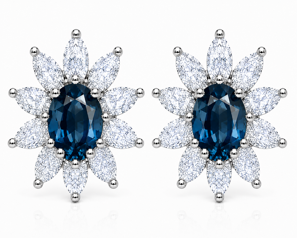 Natural 4x6mm Oval London Blue Topaz Floral Halo Stud Earrings in Platinum Plated 925 Sterling Silver with Marquise Cubic Zirconia