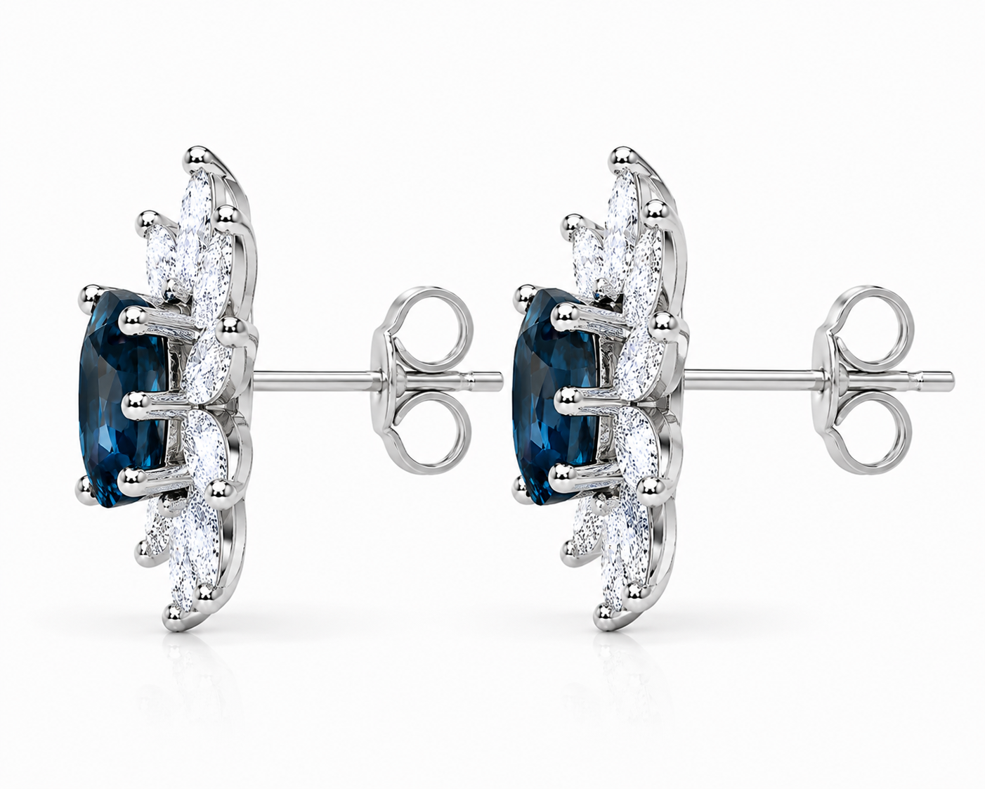 Natural 4x6mm Oval London Blue Topaz Floral Halo Stud Earrings in Platinum Plated 925 Sterling Silver with Marquise Cubic Zirconia