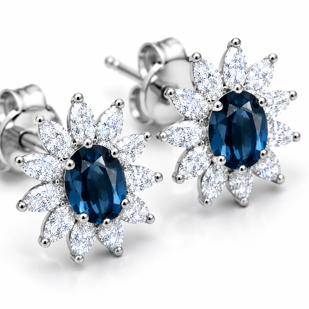 Natural 4x6mm Oval London Blue Topaz Floral Halo Stud Earrings in Platinum Plated 925 Sterling Silver with Marquise Cubic Zirconia