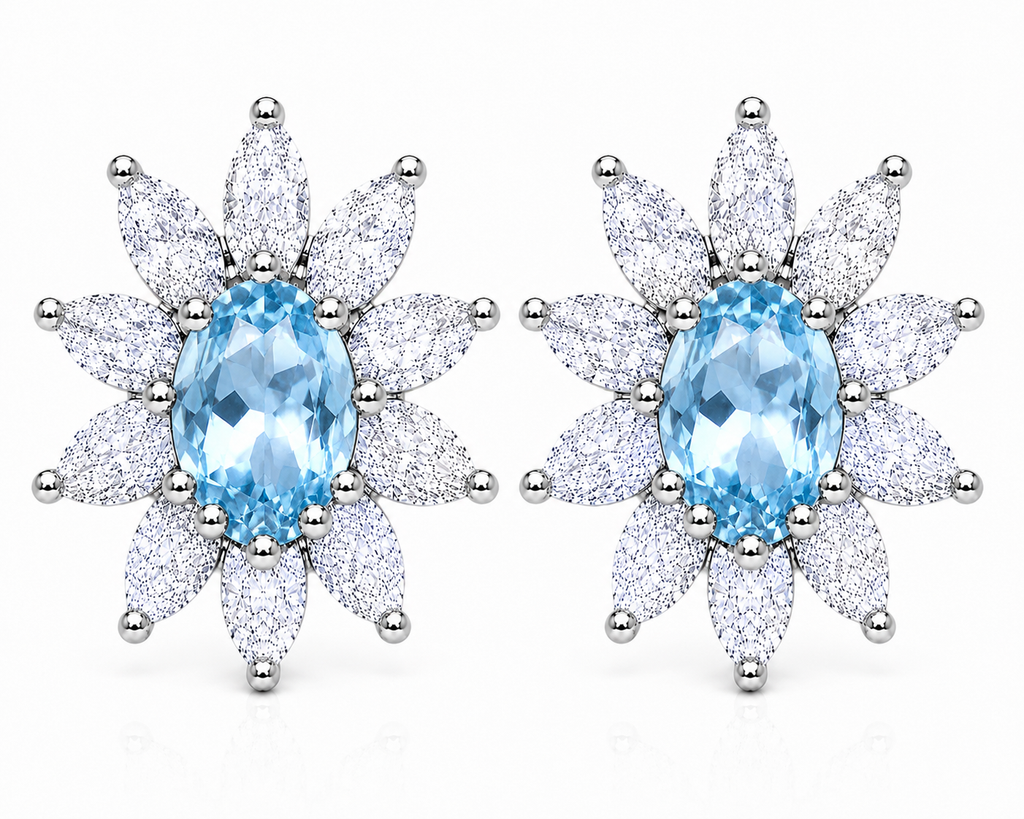 Natural 4x6mm Sky Blue Topaz floral halo stud earrings in 925 sterling silver with marquise cubic zirconia and platinum plated finish