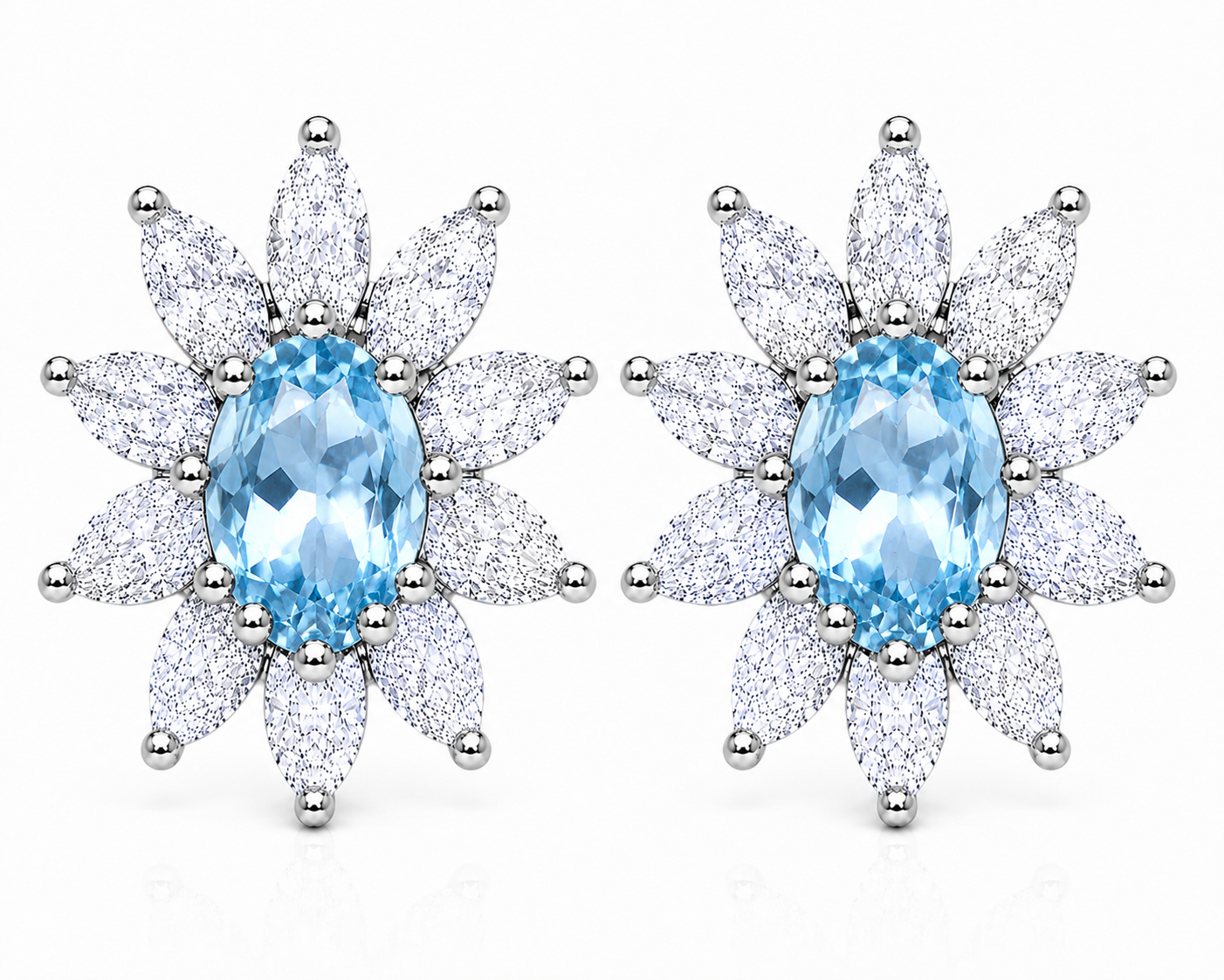 Natural 4x6mm Sky Blue Topaz floral halo stud earrings in 925 sterling silver with marquise cubic zirconia and platinum plated finish
