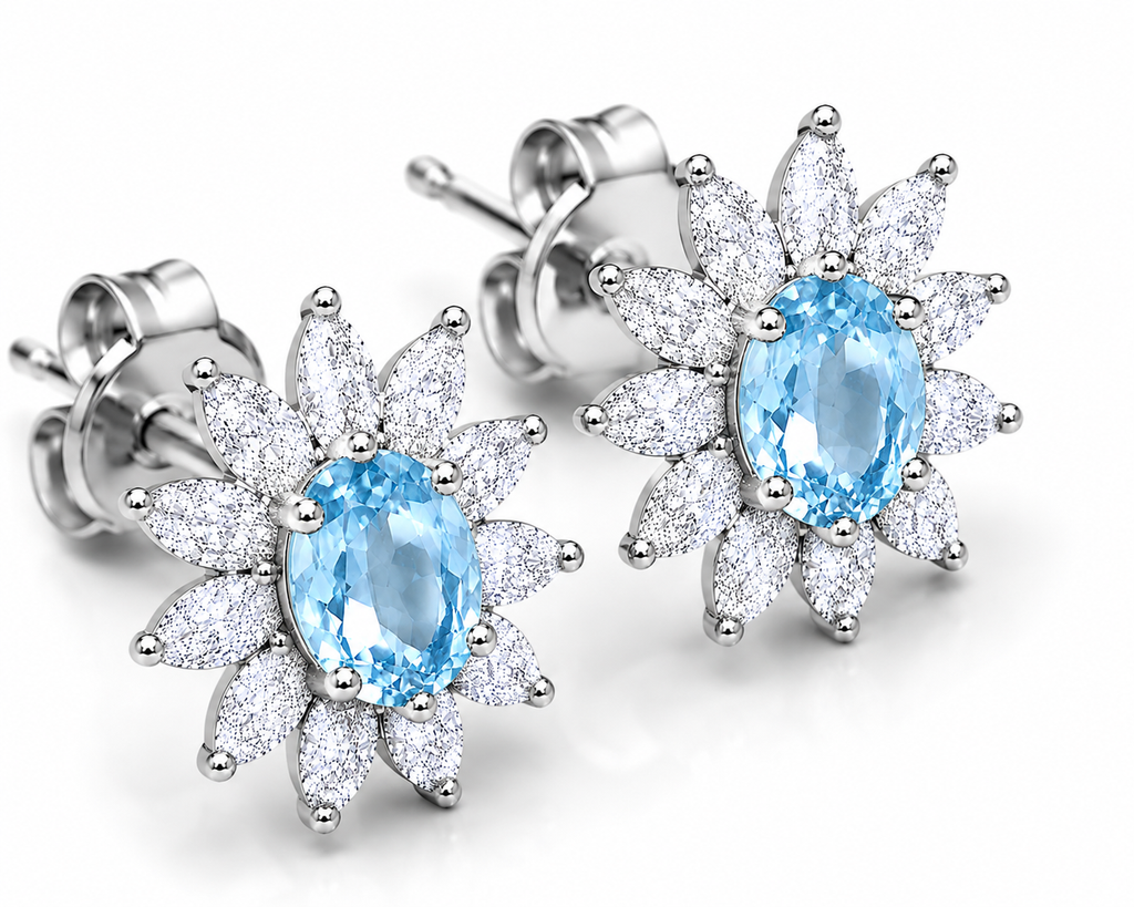 Natural 4x6mm Sky Blue Topaz floral halo stud earrings in 925 sterling silver with marquise cubic zirconia and platinum plated finish