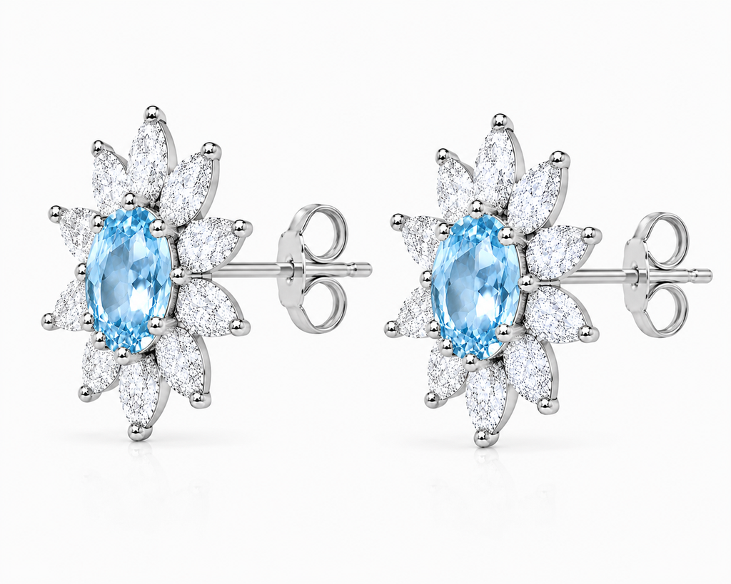 Natural 4x6mm Sky Blue Topaz floral halo stud earrings in 925 sterling silver with marquise cubic zirconia and platinum plated finish