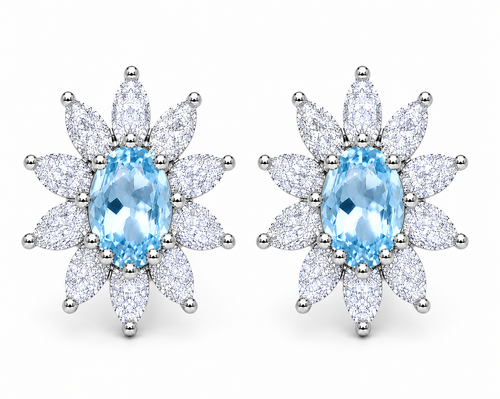 Natural 4x6mm Sky Blue Topaz floral halo stud earrings in 925 sterling silver with marquise cubic zirconia and platinum plated finish