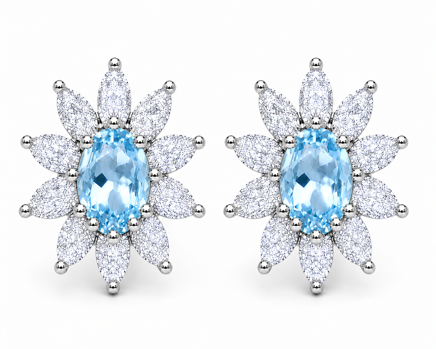 Natural 4x6mm Sky Blue Topaz floral halo stud earrings in 925 sterling silver with marquise cubic zirconia and platinum plated finish