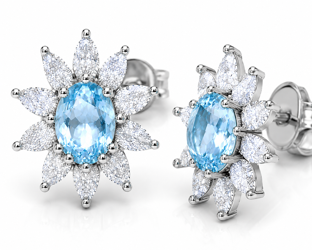 Natural 4x6mm Sky Blue Topaz floral halo stud earrings in 925 sterling silver with marquise cubic zirconia and platinum plated finish