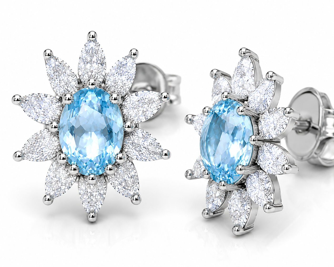 Natural 4x6mm Sky Blue Topaz floral halo stud earrings in 925 sterling silver with marquise cubic zirconia and platinum plated finish